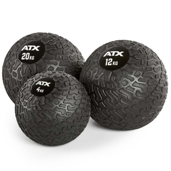 Three black ATX® Slam Balls, featuring white logos and weights of 4 kg, 12 kg, and 20 kg from left to right, with a textured pattern for enhanced grip.