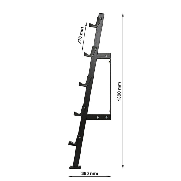 Side view of a black Wall Mounted Barbell Rack with five hooks, measuring 1390 mm in height, 270 mm in depth, and 380 mm in width.