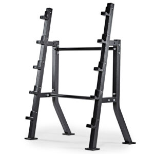 The Barbell Rack Single Side is a black metal weight rack featuring multiple angled pegs for storing weight plates, designed with a sturdy A-frame and rubber feet for stability.