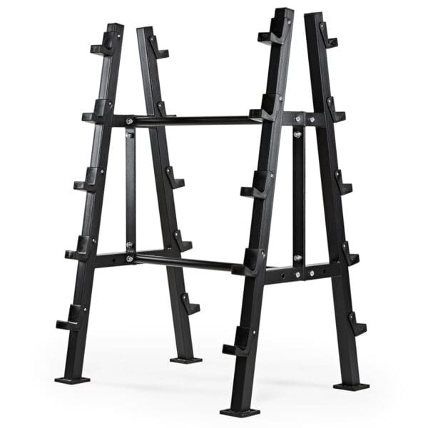 The Barbell Rack Double Side is a black, metal A-frame with multiple pegs for weight plates. Its sturdy design has angled legs and a reinforced central bar, perfect for organizing gym equipment.