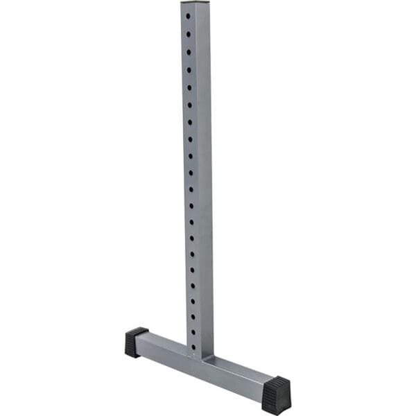 A gray, L-shaped metal stand with multiple holes along the vertical section. The base has black rubber pads on each end for stability.