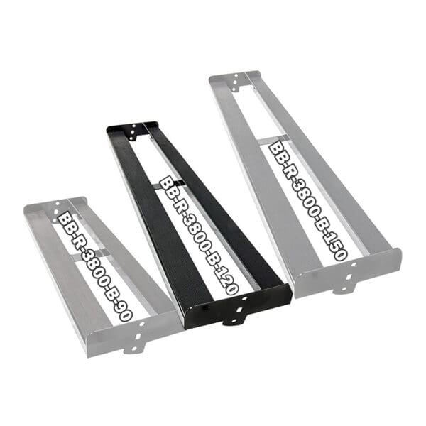 Three metal mounting brackets are shown in a staggered arrangement. Each bracket is labeled with text: BBR-300B-B-90, BBR-300B-B-120, and BBR-300B-B-150. The brackets vary in size and feature slots for mounting.