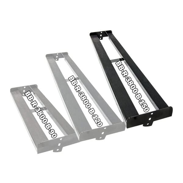 Three metal bike rack brackets of different sizes, labeled BBR-3000-B-90, BBR-3000-B-120, and BBR-3000-B-150. They are arranged side by side, showcasing their varying dimensions.