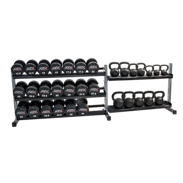 The Build Your Storage Rack - Modular Storage System features two sections: one with dumbbells from 12.5 to 50 pounds and another with various kettlebells, all supported by a sturdy metal frame.