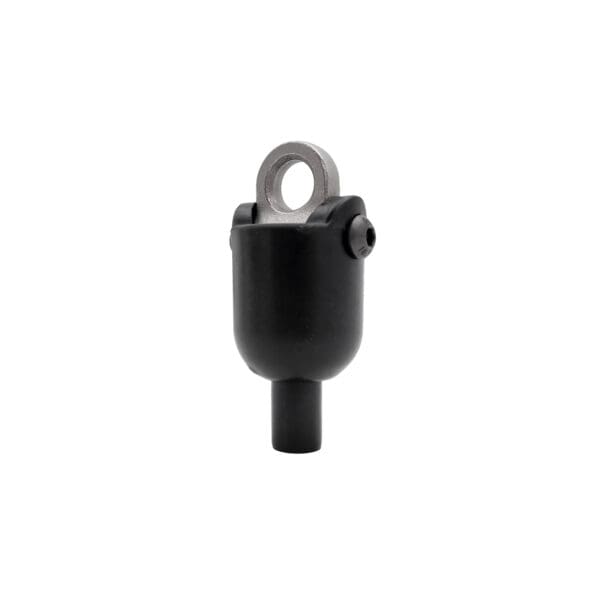 The Gym Cable 6948 Connector is a black cylindrical metal component featuring a silver looped end, a small side screw, and a tapering base.
