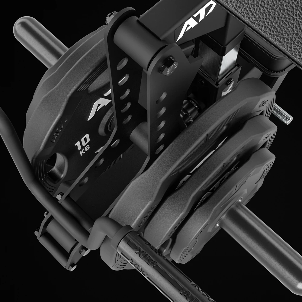 ATX Biceps Curl Attachment loaded with 10 kg weight plates on the horns in close-up on a black background