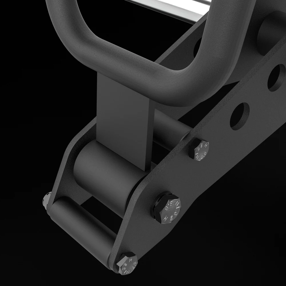 Close-up of the lever arm pivot on the ATX Biceps Curl Attachment showing the bearing housing and hex bolts