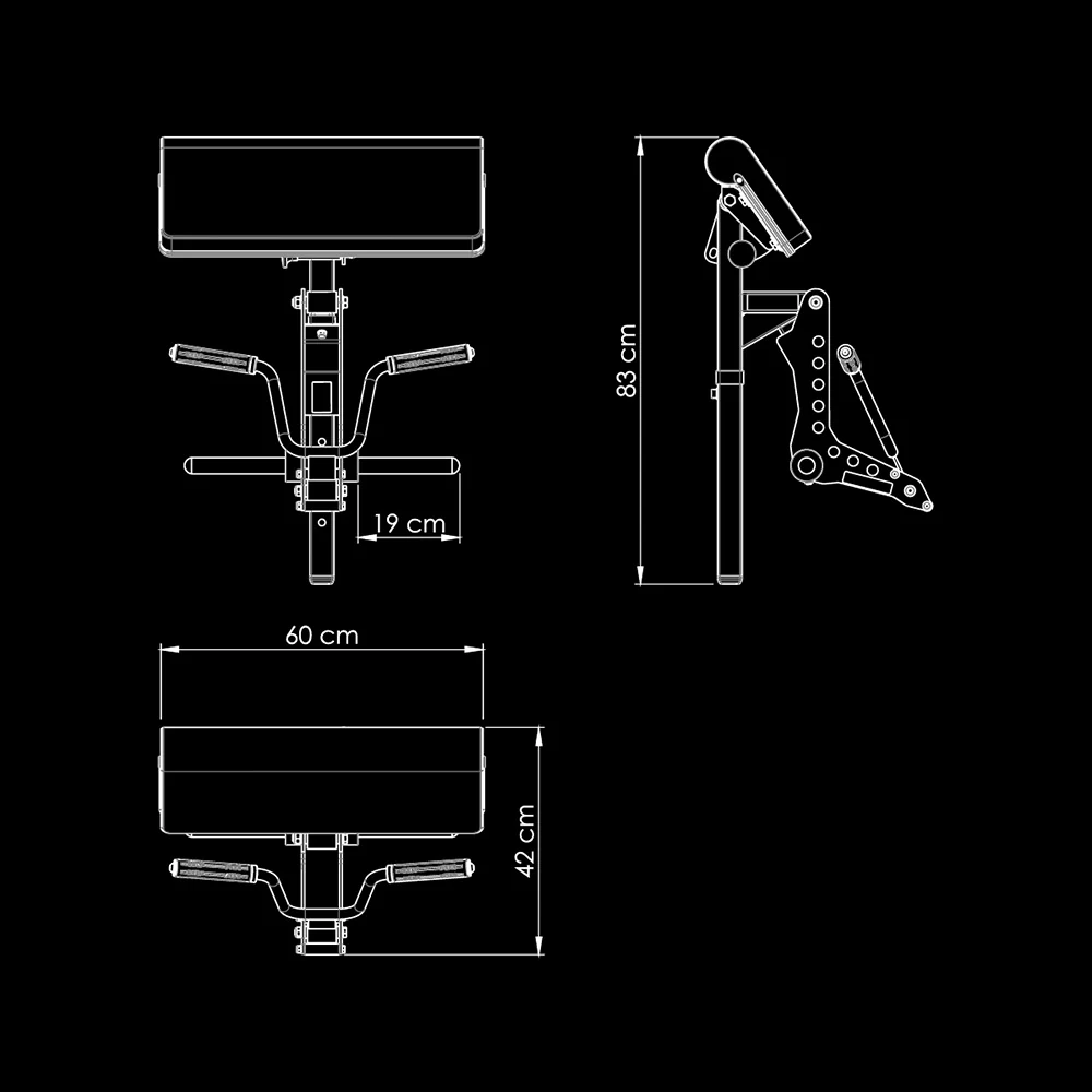Dimension drawing of the ATX Biceps Curl Attachment from the front side and top showing 60 cm width 42 cm depth and 83 cm height