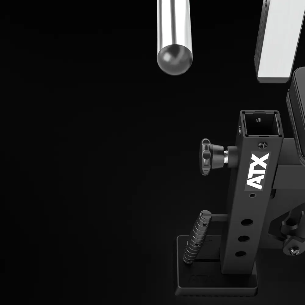 Animation of the ATX Biceps Curl Attachment being fitted to the front tube of an ATX bench