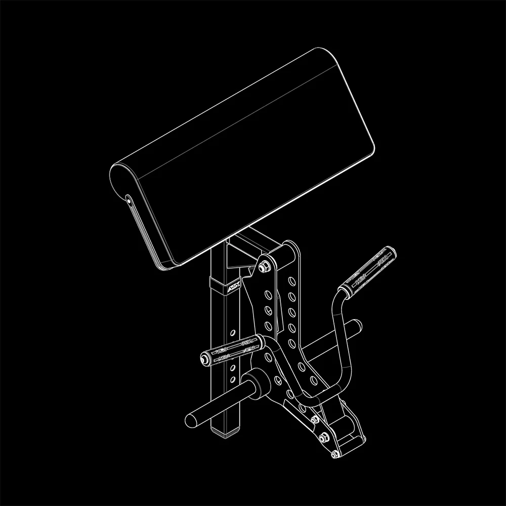 White line drawing of the ATX Biceps Curl Attachment showing the pad lever arm handles and weight horns on a black background