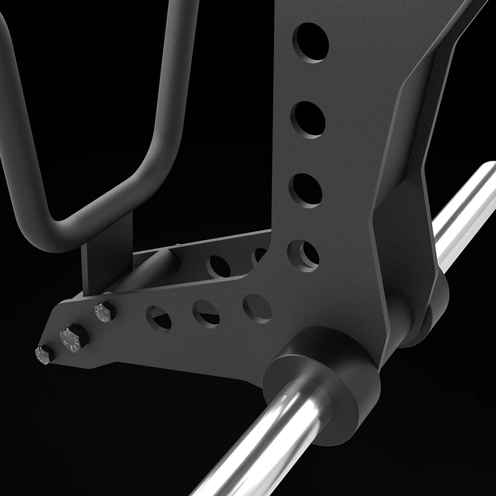 Close-up of the laser-cut steel lever plate on the ATX Biceps Curl Attachment with a chrome weight horn