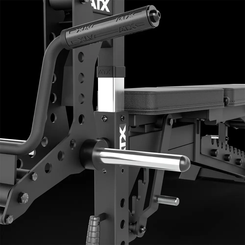 Animation of a weight plate horn on the ATX Biceps Curl Attachment with a black sleeve sliding over the chrome horn