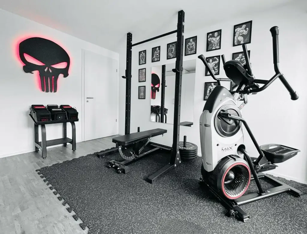 compact home gym with super bench