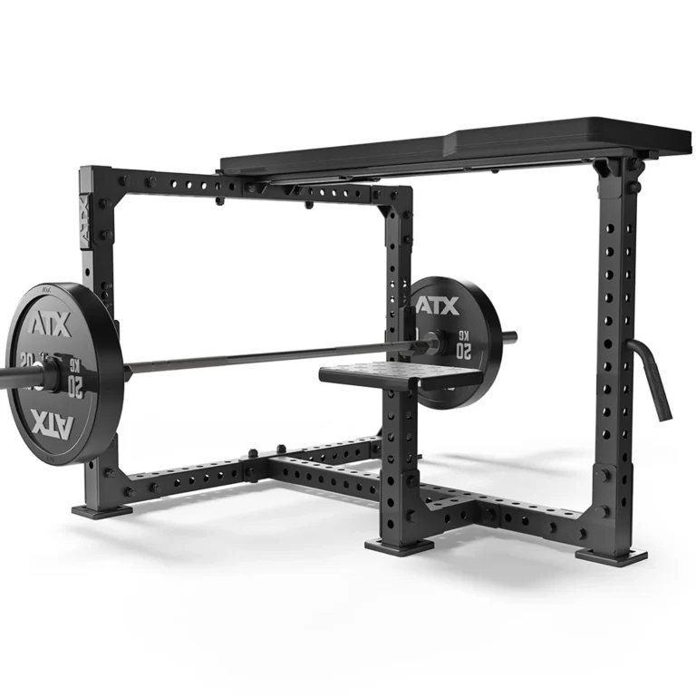 The ATX® Seal Row Bench is a robust black power rack with a padded seat, featuring adjustable height and positioning through numerous holes. Its constructed from durable steel and loaded with ATX branded weights on each side of the barbell, enhancing your workout versatility.