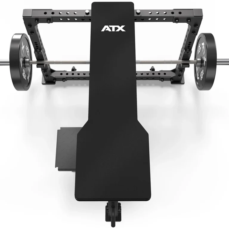 Top-down view of the ATX® Seal Row Bench in black, featuring adjustable metal supports and bearing the ATX logo on the backrest. It includes an attached barbell and weights, making it ideal for strength training exercises.