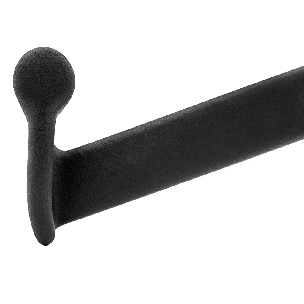 Close-up of the Full Advantage Grip - Lat Grip, a black metal hook with a rounded end, ideal for hanging items like coats or hats, shown against a white background.