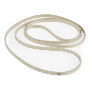 A beige ATX® Latex Free Resistance Band, featuring a looped design and textured surface, is twisted and coiled on a white background. It's ideal for those incorporating resistance bands into their training routines.