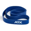 A blue looped exercise resistance band from the ATX® Latex Free Resistance Bands - 9 Levels collection, ideal for training and featuring the letters ATX printed in white, is coiled into a smooth, flattened shape on a pristine white background.