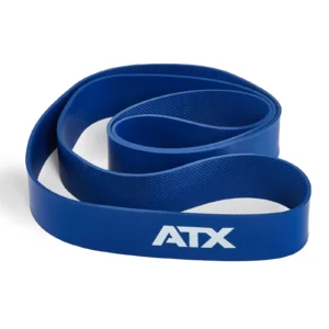 A blue looped exercise resistance band from the ATX® Latex Free Resistance Bands - 9 Levels collection, ideal for training and featuring the letters ATX printed in white, is coiled into a smooth, flattened shape on a pristine white background.