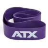 A coiled purple ATX® Latex Free Resistance Band, featuring white letters on its surface, forming an S-shape.