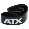 An ATX® Latex Free Resistance Band, featuring a coiled black design with "ATX" printed in white on the side, is rolled and resting on a white surface. It's perfect for enhancing your training routine.