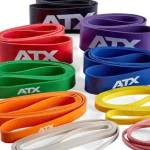 An array of ATX® Latex Free Resistance Bands is available, featuring nine different levels in vibrant colors such as black, purple, and red. Each band bears the ATX logo and they are neatly coiled and elegantly displayed on a pristine white background.