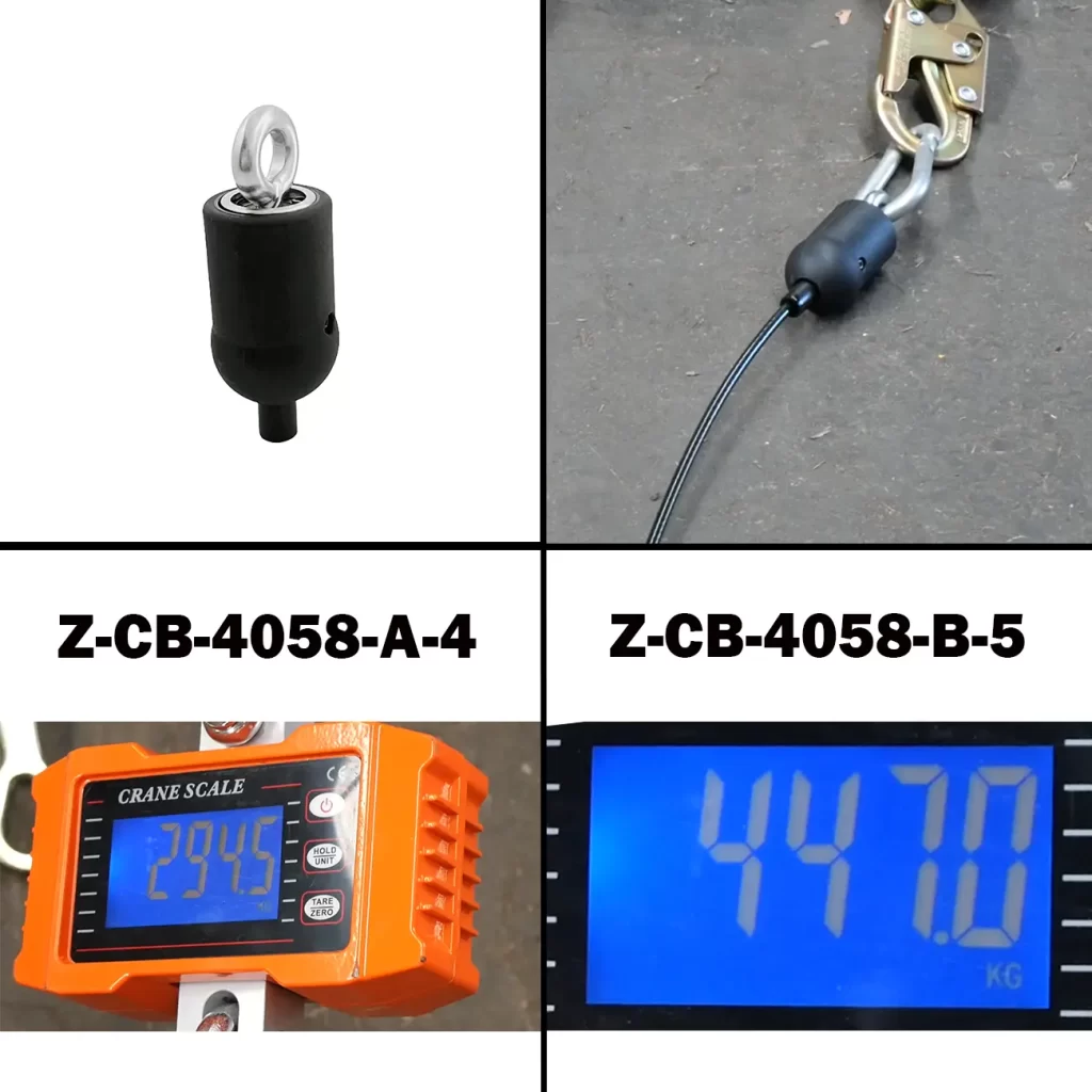 A four-panel image displays the 360-Degree Bearing System Gym Cable End: top left, the connector; top right, attached to a cable; bottom left, crane scale at 29.45; bottom right, digital display at 44.70 kg.
