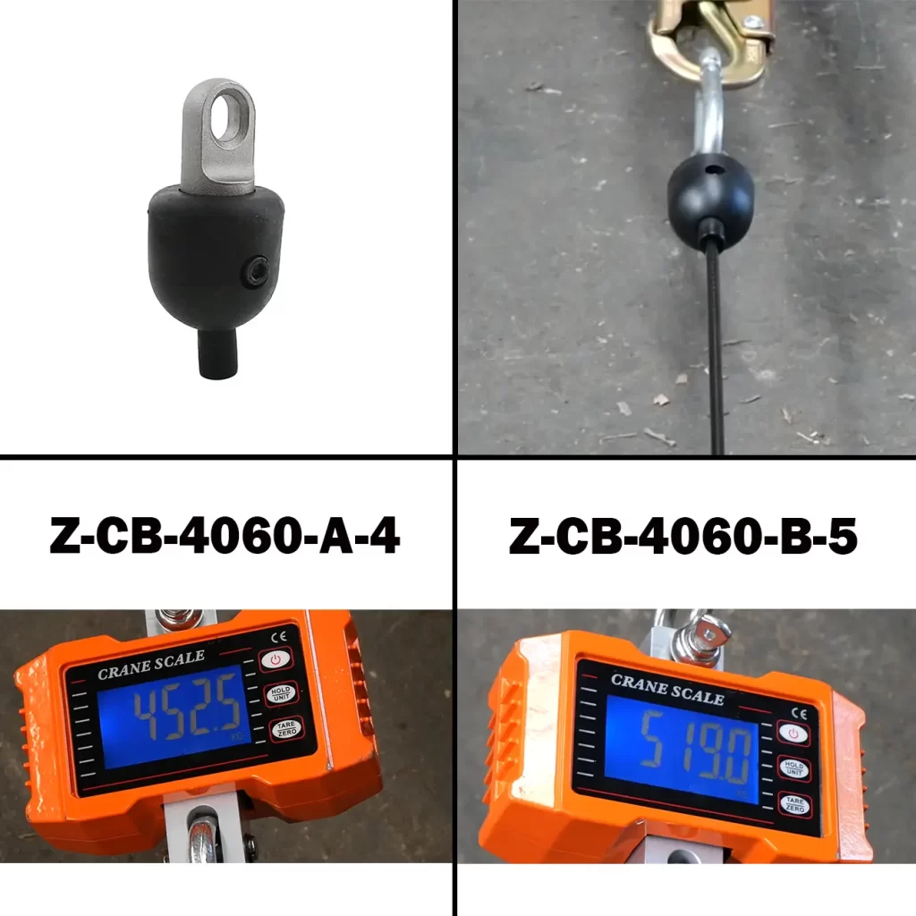 A Heavy-Duty Cable Fitting for Gym Equipment and a cable with a black ball are shown. Digital crane scales display weights of 452.5 and 519.0, with labels Z-CB-4060-A-4 and Z-CB-4060-B-5 under each image pair.