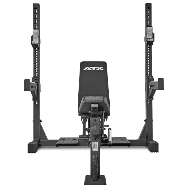 The ATX® Adjustable Bench Press in black is a commercial incline weight bench with adjustable side racks, a sturdy frame, and a padded surface. It also has visible rack height settings for customized workouts and diverse exercises.