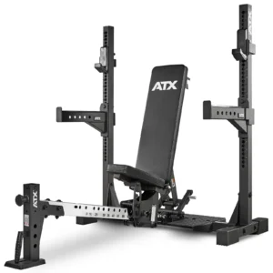 The ATX® Adjustable Bench Press, featuring a black commercial design, includes a squat rack for versatile fitness options. Its padded seat and backrest ensure comfort, while adjustable height settings offer flexible barbell placements—perfect for any flat surface workout setup.