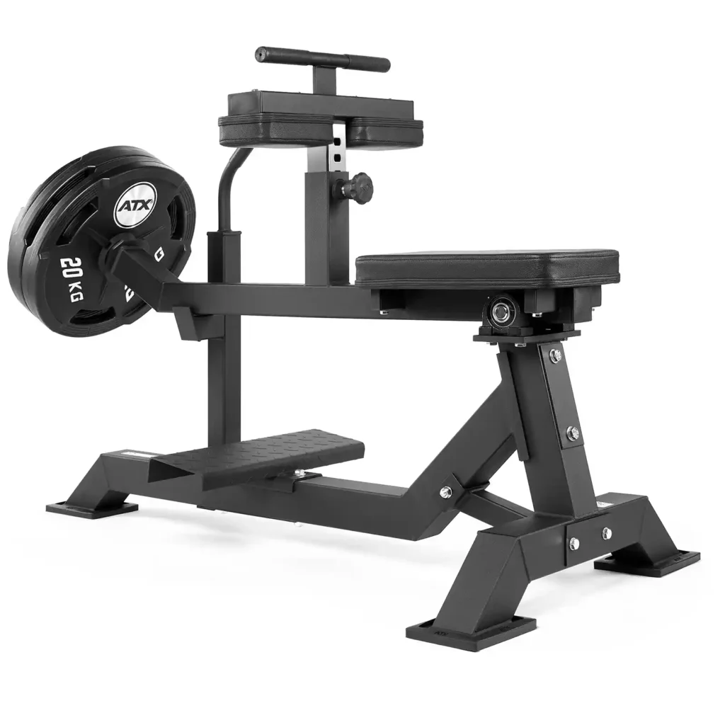 The ATX seated calf raise machine features a padded seat, foot platforms, and side weight plates. It boasts a sturdy metal frame with adjustable components, making it ideal for resistance training.