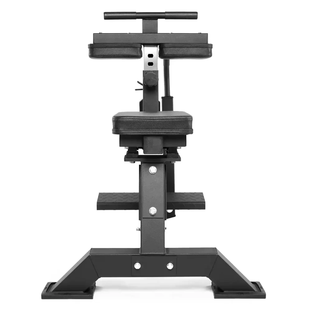 The ATX Seated Calf Raise Machine, a black adjustable exercise machine with padded supports, metal frame, and footplates, is designed for leg and back workouts. It's showcased against a white background, highlighting its robust build and versatility.