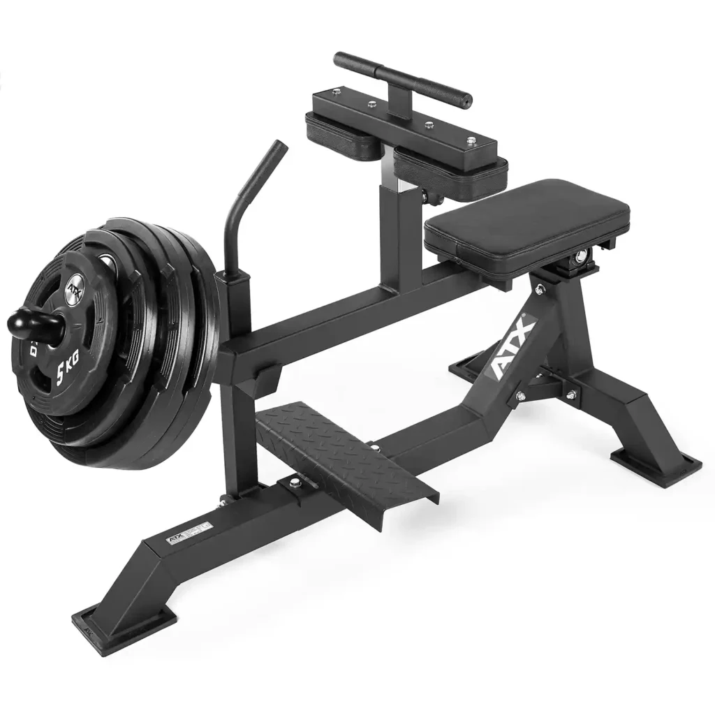 A black sitting calf raise machine with multiple weight plates on the loading bar, featuring a padded seat, grips, and a textured foot platform. The ATX brand is prominently displayed on the side.