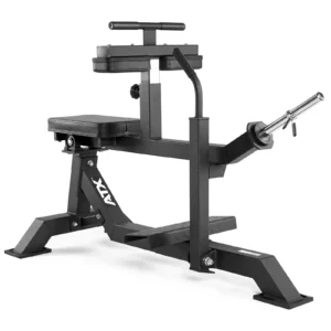 The ATX Seated Calf Raise Machine boasts a black padded seat and foot platform, complemented by weight plates and handles on a sturdy frame. Expertly designed for lower leg exercises, it specifically targets calf muscles for optimal results.