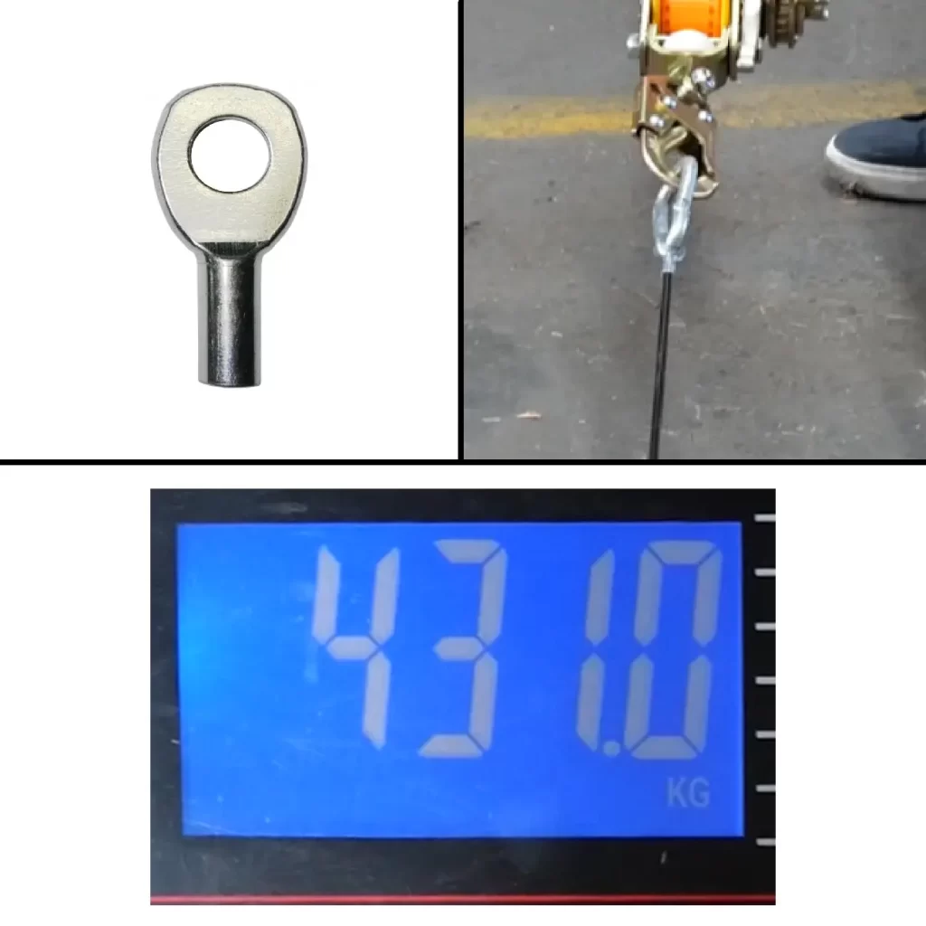 A Gym Cable 3MM Swage Eyelet is attached to a winch, with a digital scale showing a pull force of 431.0 kg.