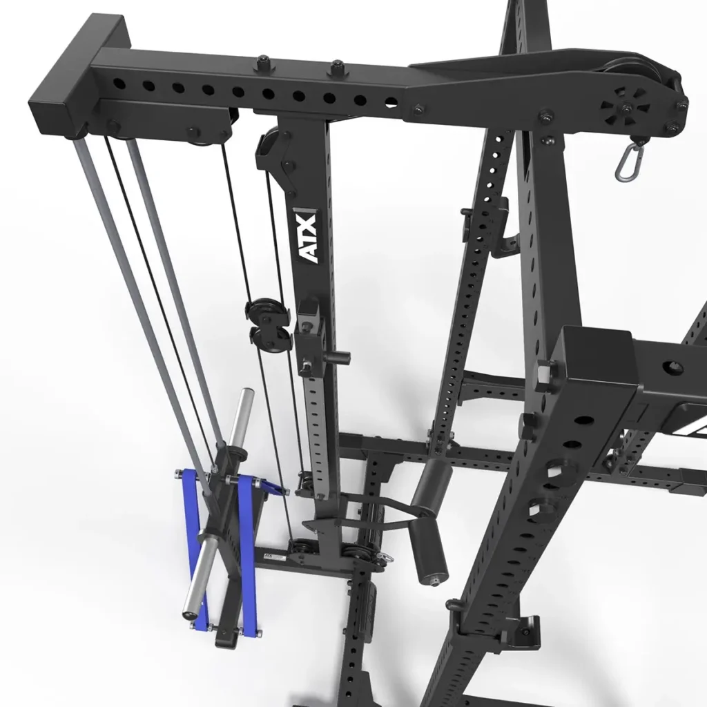 A top view of the ATX® Lat Option 780 Plate Loaded system attached to a power rack, showing a black cable pulley setup with multiple pulleys and metal cables. It features a long silver bar with blue accents for weightlifting exercises against a plain white background.