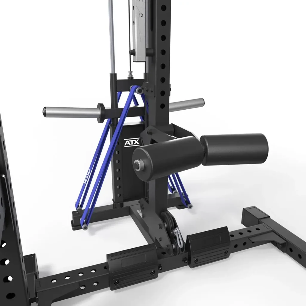 Close-up of gym equipment showcasing a black adjustable leg roller on a sturdy metal frame, featuring the ATX® Lat Option 780 Plate Loaded. Blue bars and pulleys enhance the scene, with strength training parts and black speckled flooring completing the setup.