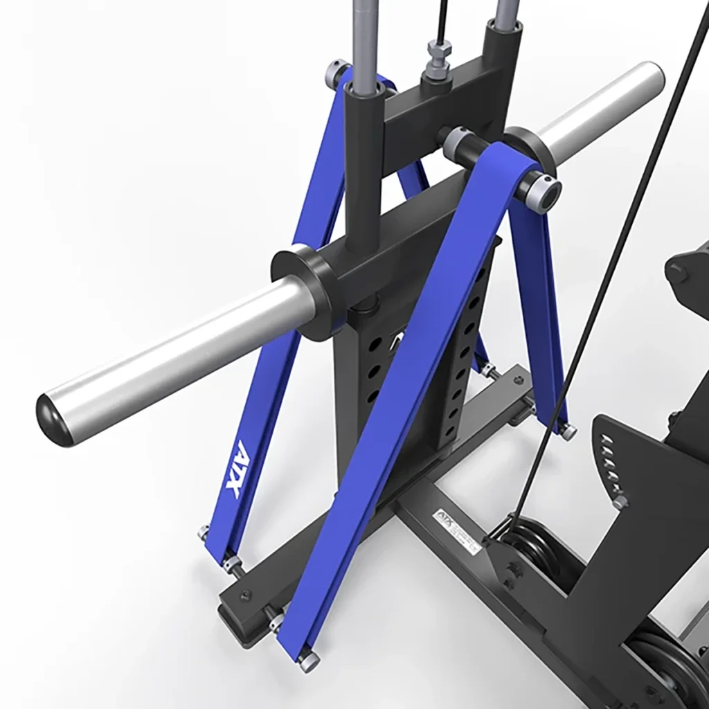 Close-up of the ATX® Lat Option 780 Plate Loaded machine in blue and black, with a plate-loaded lat pulldown attachment. It features two vertical support bars, padded horizontal bars, shiny metal parts, and visible cables that underscore its high-quality exercise setup.