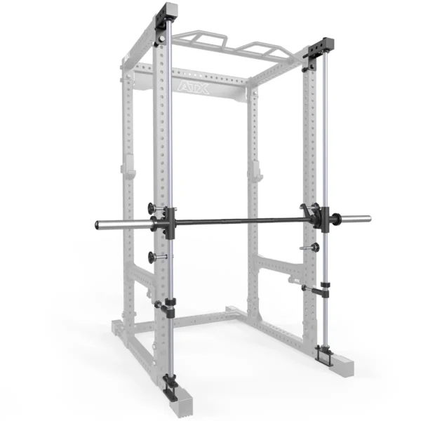 The ATX® Smith Machine Bar Attachment - PRX-780 is a power rack with a sturdy, partially assembled frame featuring adjustable components and customizable holes for attachments, ideal for various strength exercises. It includes an attached Smith machine bar and displays the ATX logo.