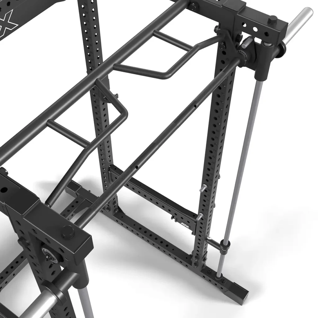 The ATX® Smith Machine Bar Attachment - PRX-780 is a close-up view of a black metal power rack with adjustable bars for strength training, showcasing its versatile and sturdy design against a white background.