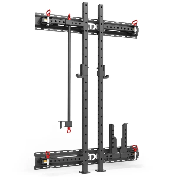 The ATX® Folding Squat Rack 500 is a wall-mounted rack with adjustable metal bars and brackets, perfect for holding barbells and weightlifting gear. It sports a sleek black finish with red hooks, providing an organized structure for efficient gym storage.