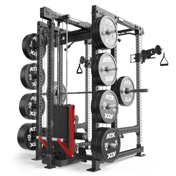 The ATX® Power Cage with Cables is a versatile gym rack featuring weight plates, pulleys, and a barbell. It includes adjustable cable attachments and a seated pulley row setup for diverse workouts.