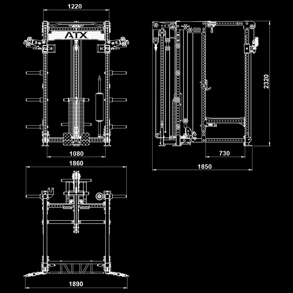 Technical schematic of the ATX® Power Cage with Cables in front, side, and top views. Dimensions: 1220mm width, 2320mm height, depths of 1080/1850mm, and 730mm inner width. Structural components are detailed.