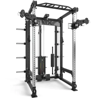 The ATX® Power Cage with Cables is a versatile metal gym machine featuring attachments, weight plates, pull-up bars, pulleys, and cable stacks for a wide range of strength training exercises.