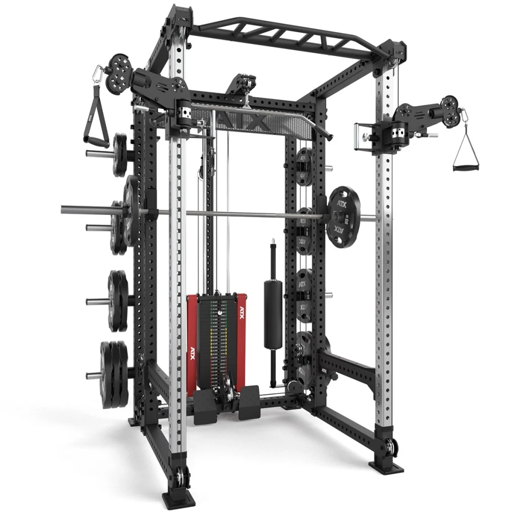 The ATX® home gym power rack with Cables is a multifunctional gym machine featuring adjustable pulleys, weight plates, a pull-up bar, cable attachments, and a weight stack—ideal for strength training and versatile workouts.