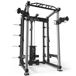 The ATX® Power Cage with Cables includes adjustable components like safety bars, a pull-up bar, and a cable system for strength training. Featuring a sturdy metal frame and storage pegs for weight plates, its an ideal setup for fitness enthusiasts.