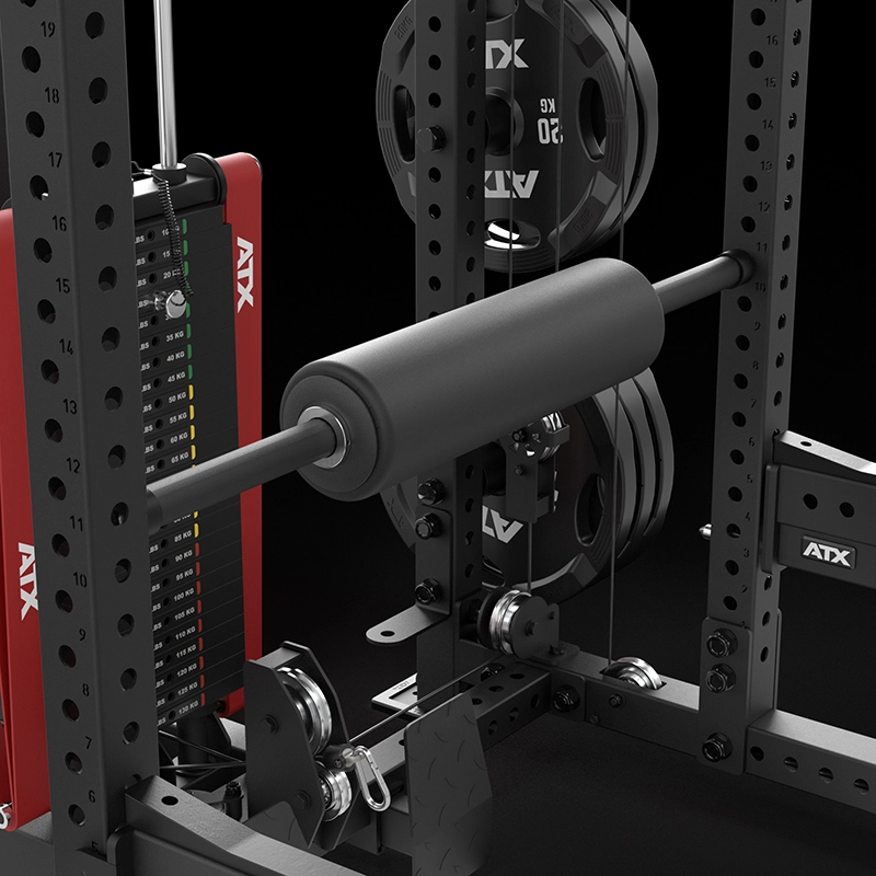 Close-up of the ATX® Power Cage with Cables gym machine, showing its padded cylinder attachment, weight plates, weight stack, and black metal frame with multiple adjustment holes.