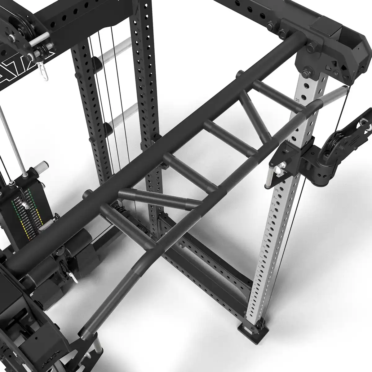 Close-up of the ATX® Power Cage with Cables, highlighting a black rack with an attached pull-up bar, sturdy steel frame, and adjustable parts. It features cable pulleys and weight stacks for versatile workouts.