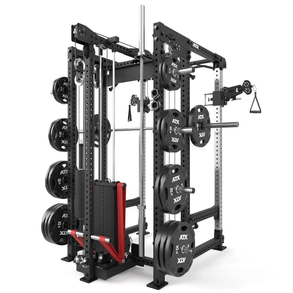 The ATX® Power Cage with Cables is a black strength training unit featuring striking red accents, weights, pulleys, bars, and multiple attachments for versatile workouts.