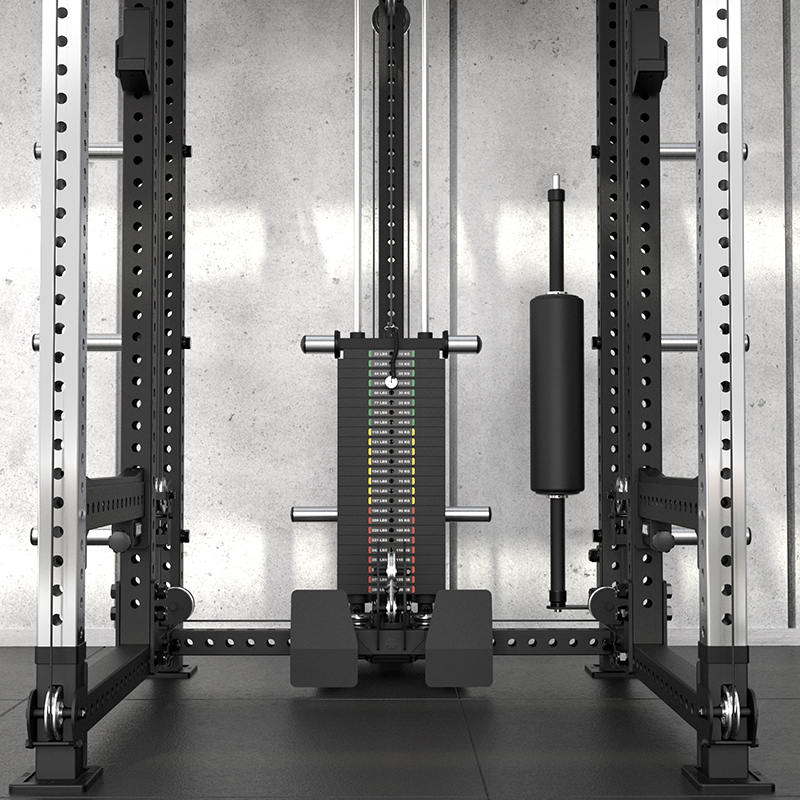 A close-up of the weight stack and pulley system on the ATX® Power Cage with Cables in a gym, featuring a concrete wall backdrop and sturdy black metal frame.